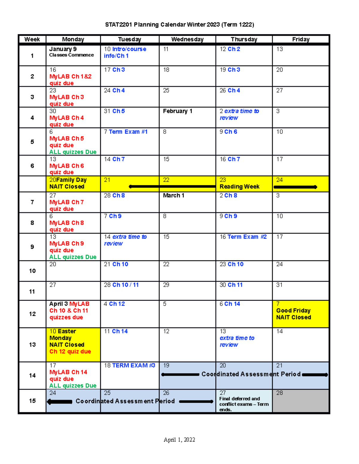 1222 BBA Planning Calendar - Day Tue Thur- STAT2201OA02 - STAT2201 ...