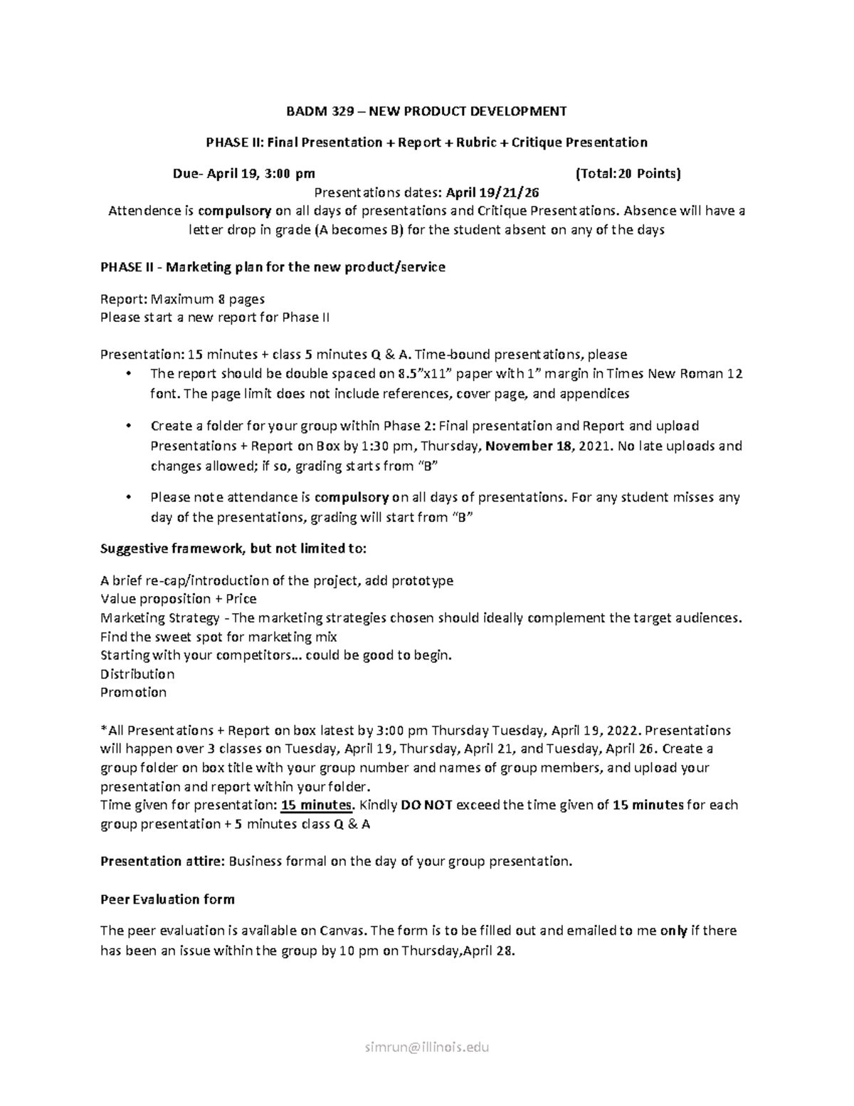 Phase 2- Final & Critique Presentation+ Rubric - BADM 329 NEW PRODUCT ...