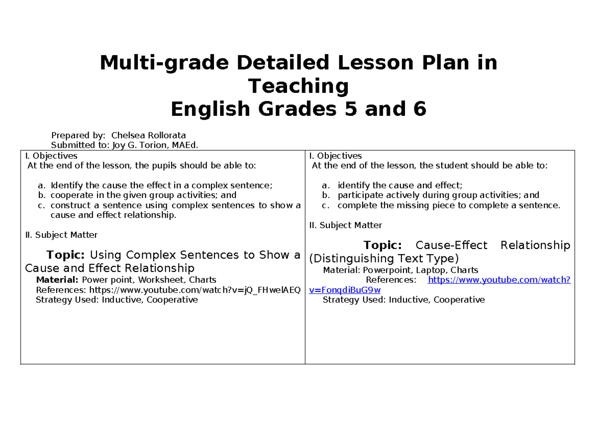 Multigrade Lesson Plan Chels - Multi-grade Detailed Lesson Plan In ...