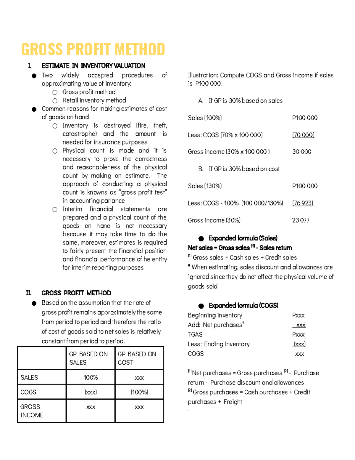 Gross Profit Method - GROSS PROFIT METHOD I. ESTIMATE IN INVENTORY ...
