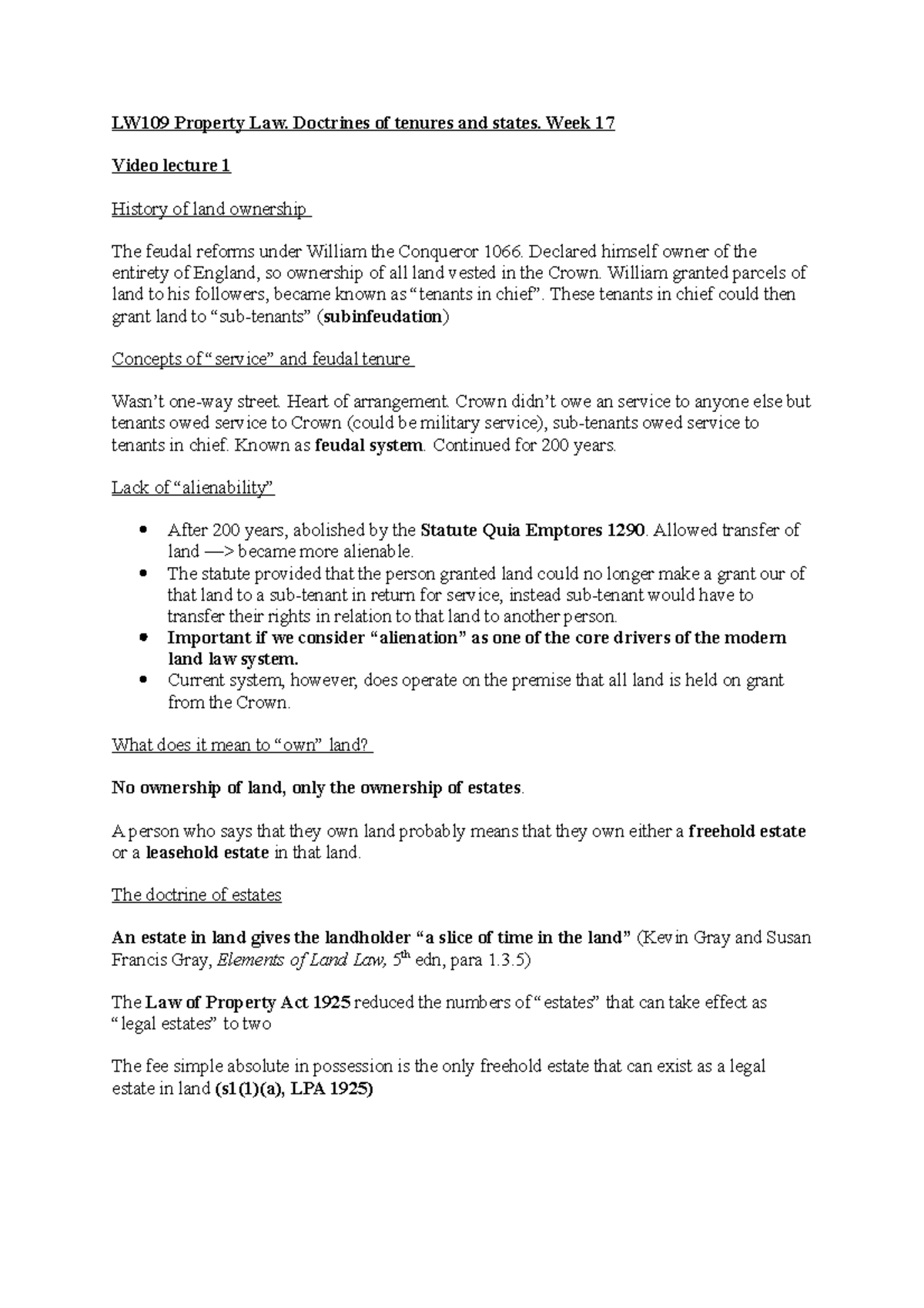 Doctrines of tenures and states Lecture LW109 Property Law. Doctrines