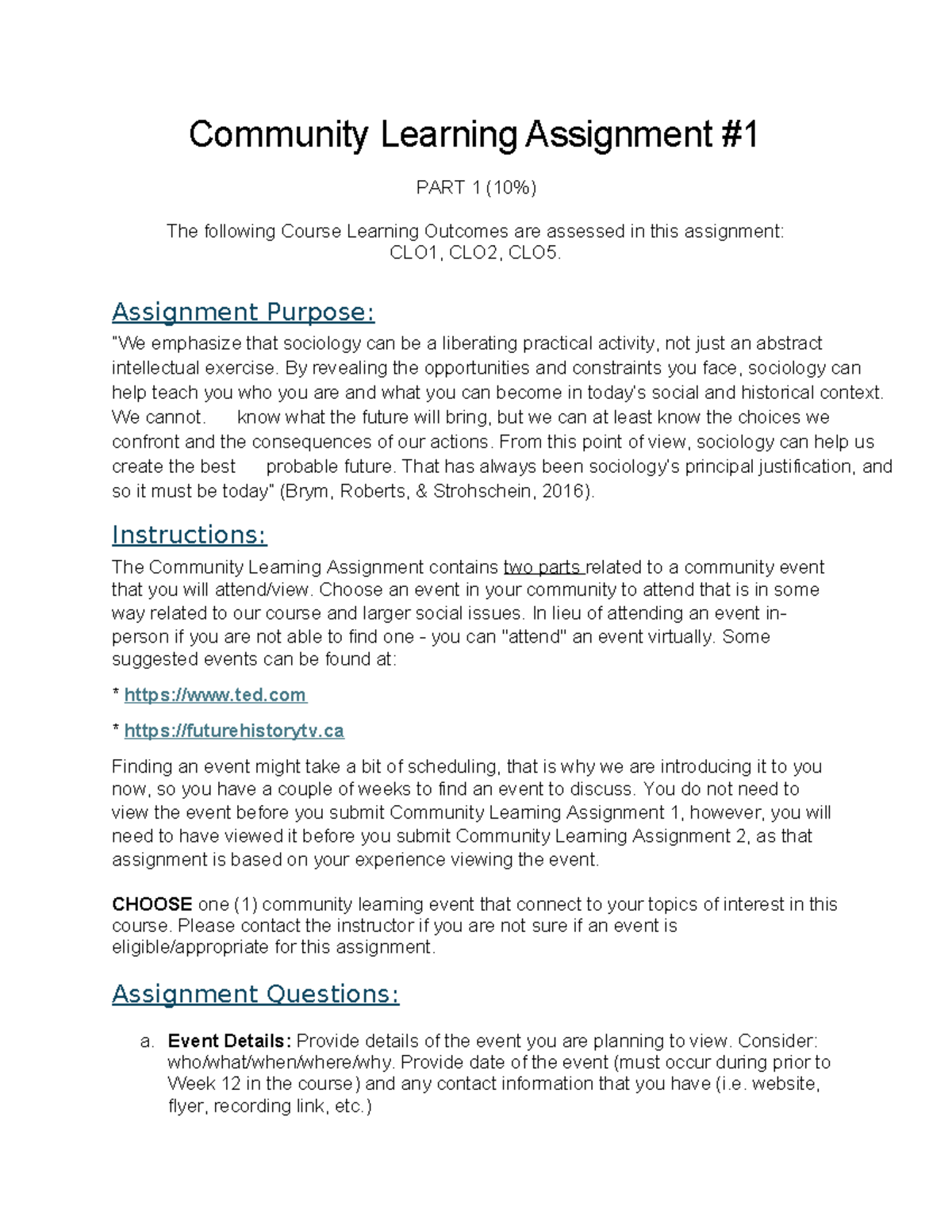 Community Learning PT1 - Community Learning Assignment PART 1 (10%) The ...
