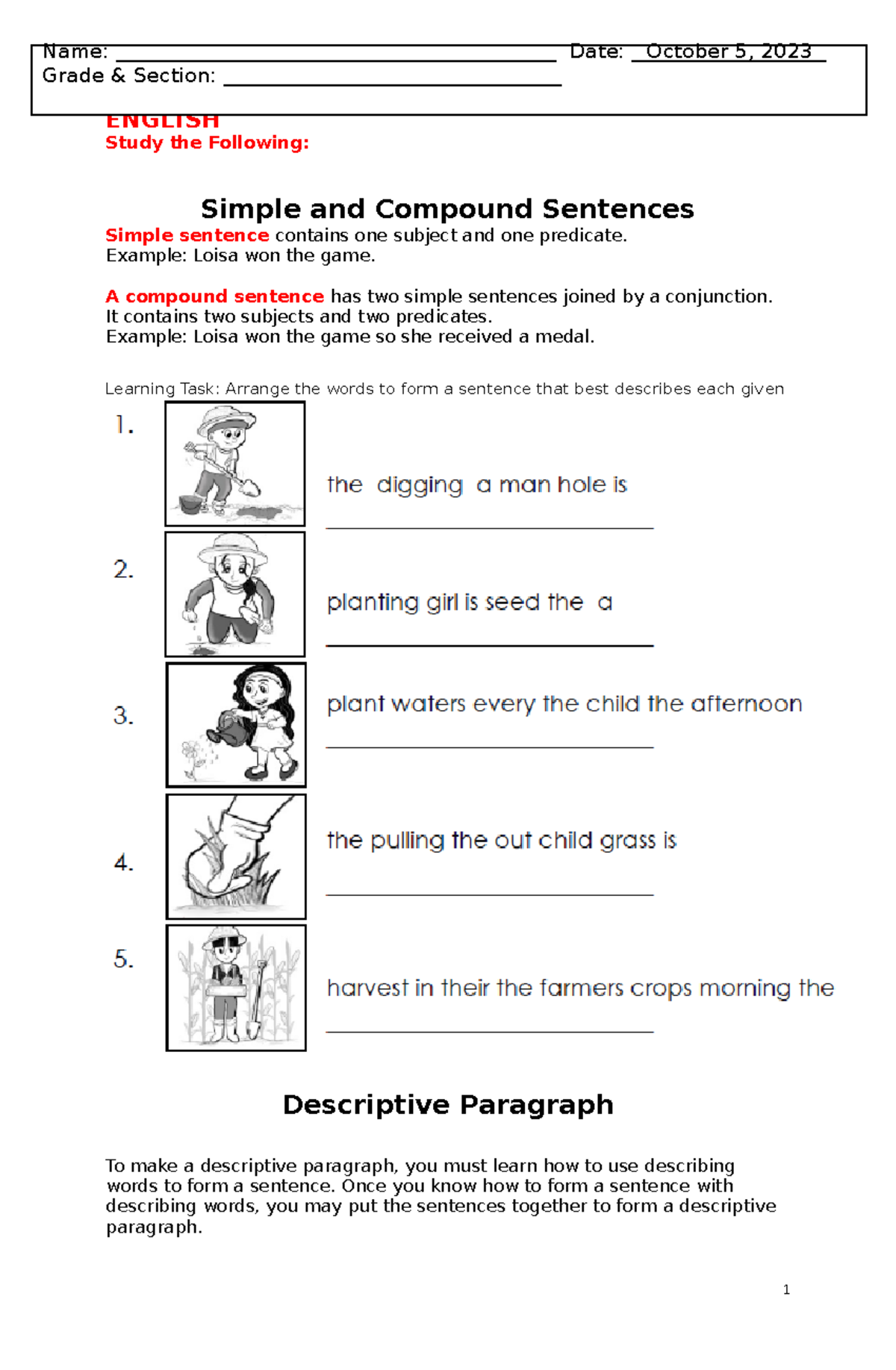 English-oct 5 - writing of letter - ENGLISH Study the Following: Simple ...