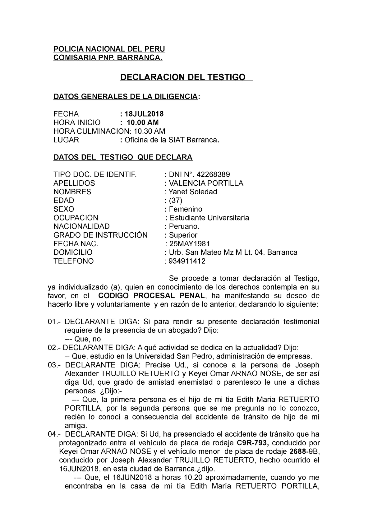 Scribd Declaracion De Testigos Policia Nacional Del Peru Comisaria Pnp Barranca Declaracion 9649