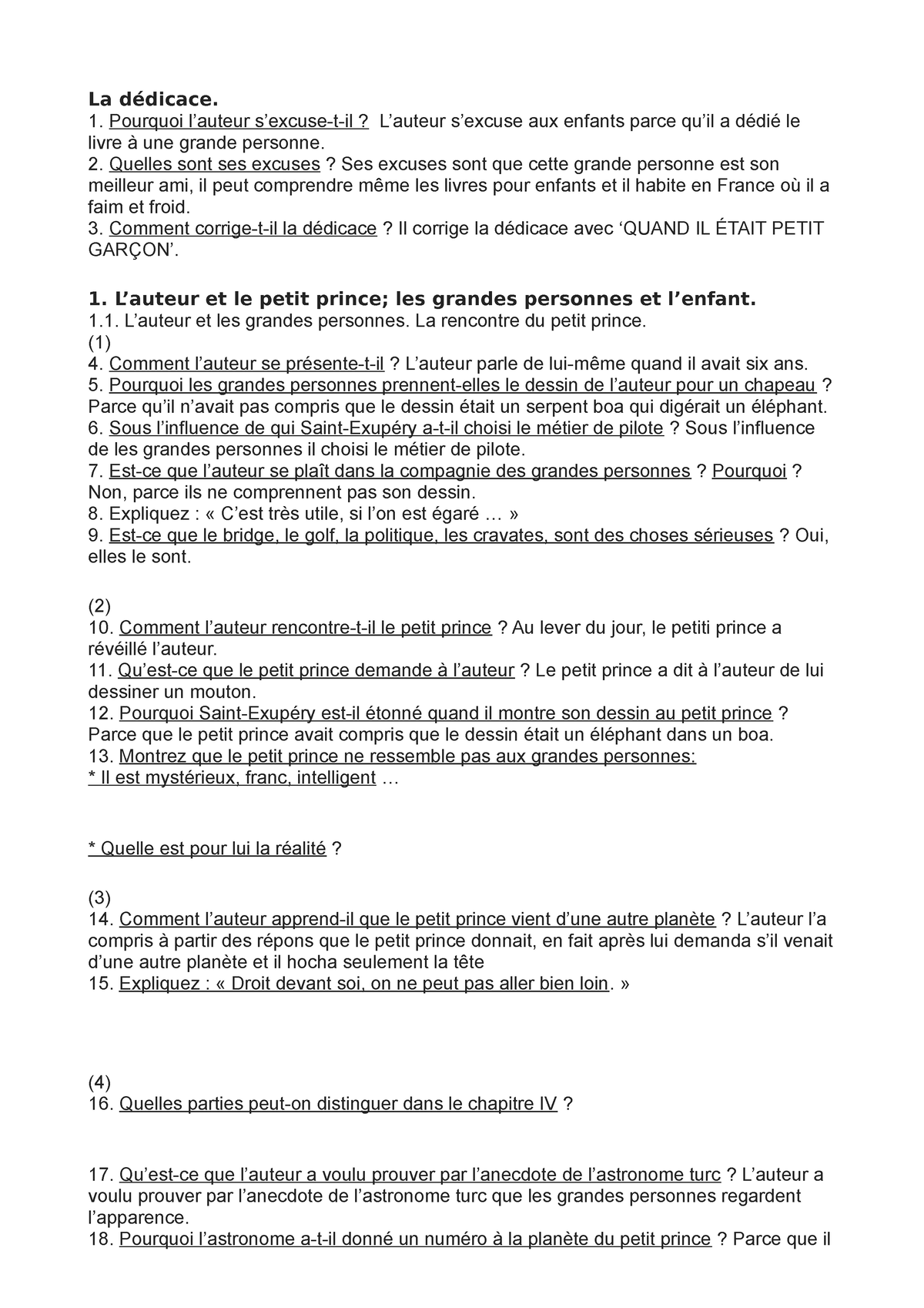 Questionnaire Le petit prince - La dédicace. Pourquoi l’auteur s’excuse ...