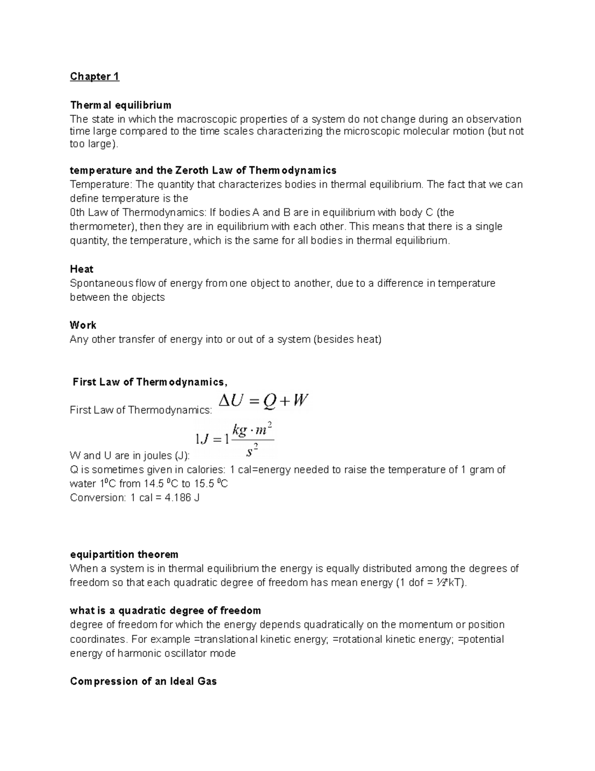 Thermo Test 1 - Lecture notes Test 1 Lectures - Chapter 1 Thermal ...