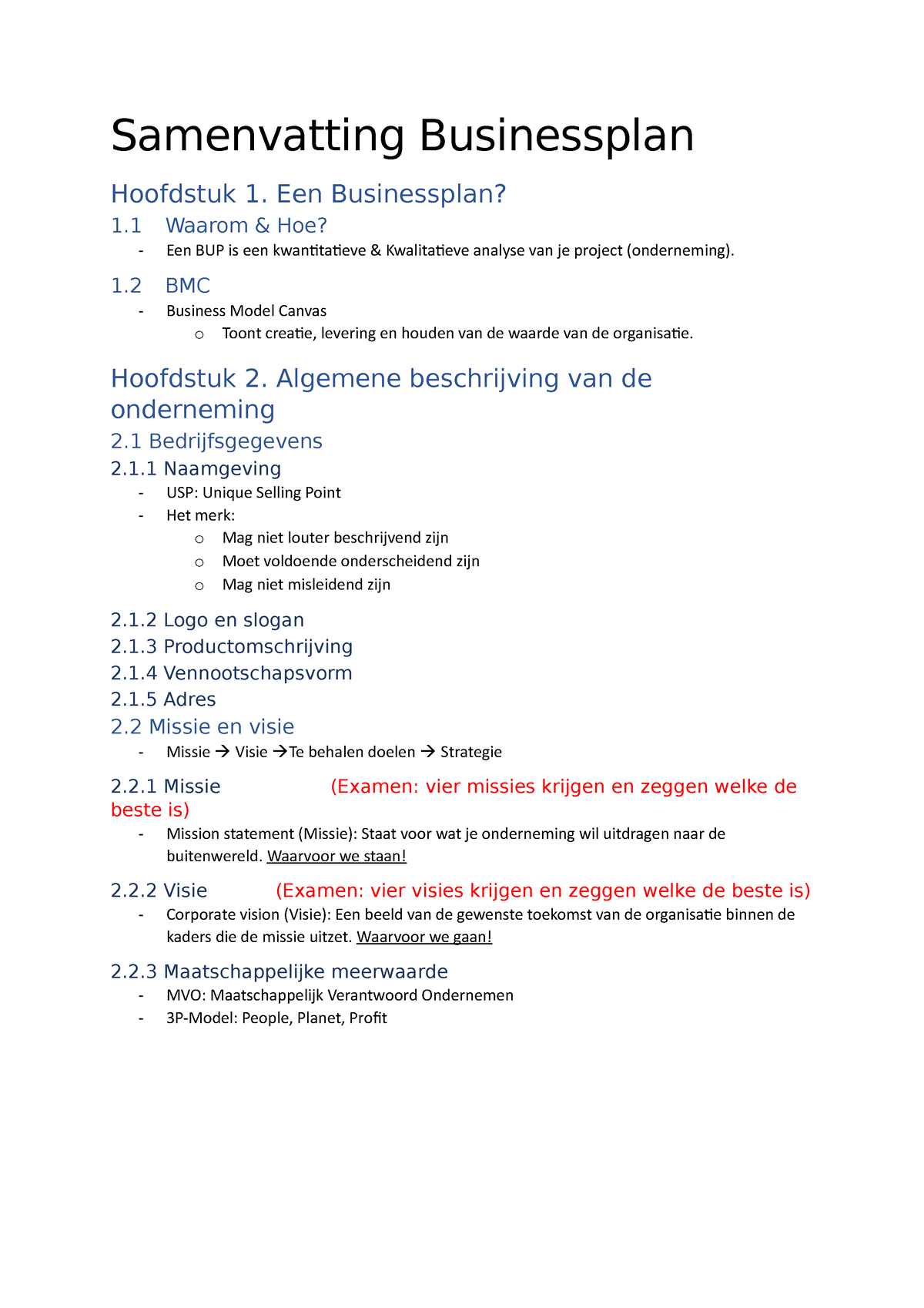 Samenvatting Businessplan - Samenvatting Businessplan Hoofdstuk 1. Een ...