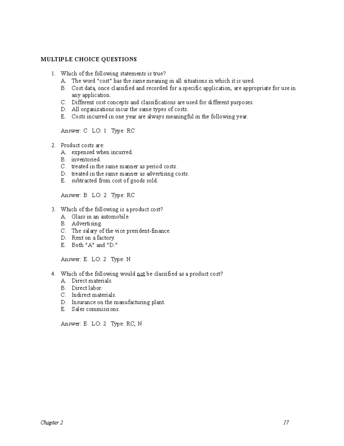 04 - Basic Cost Management Concepts - MULTIPLE CHOICE QUESTIONS Which ...