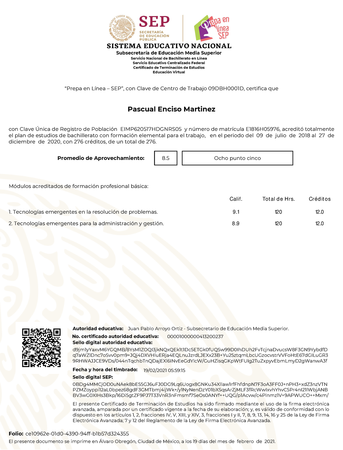 Certifica Do Con Clave Nica De Registro De Poblaci N Eimp Hdgnrs Y N Mero