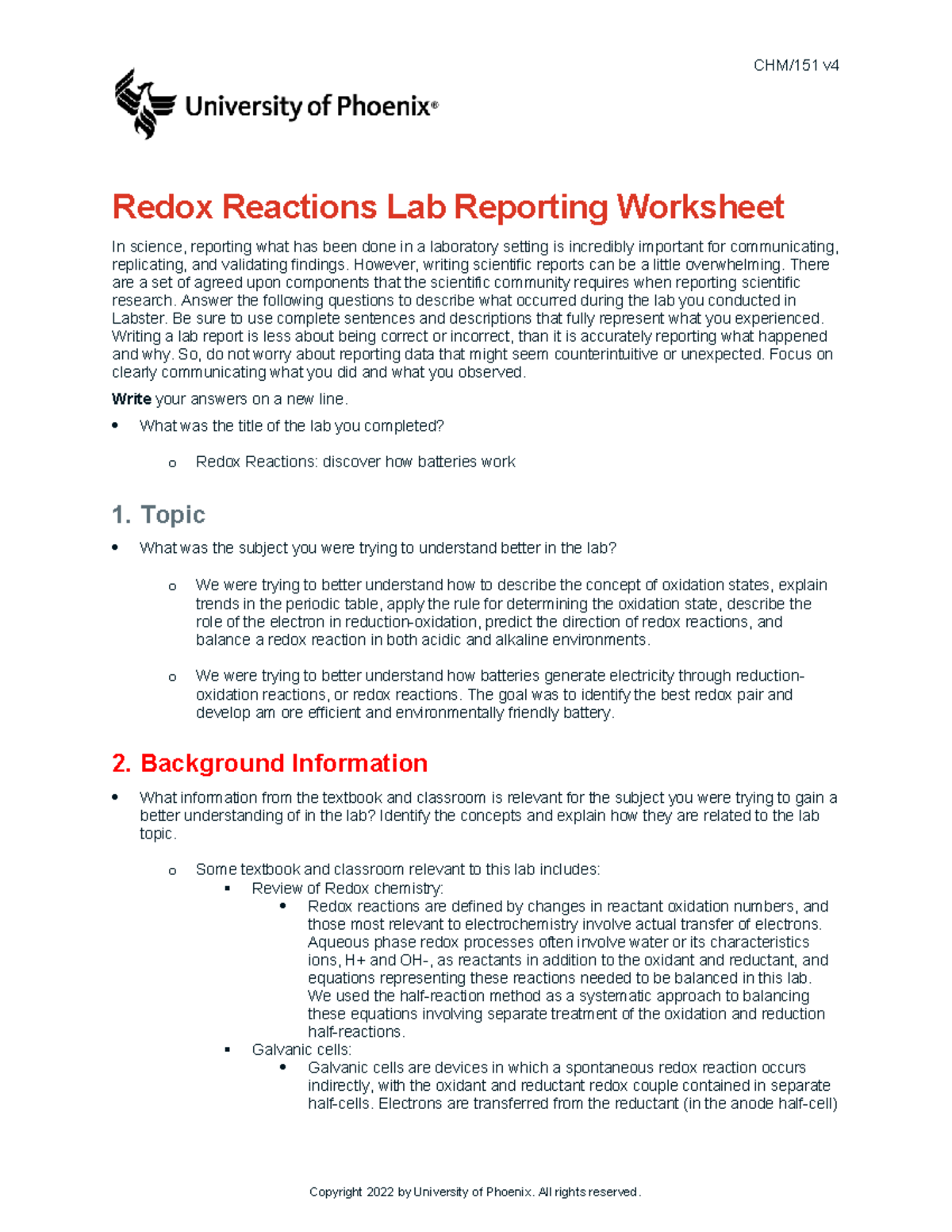 Chm151 V4 Wk5 Redox Reactions Lab Report Observational Chm151 V Redox Reactions Lab Reporting 4346