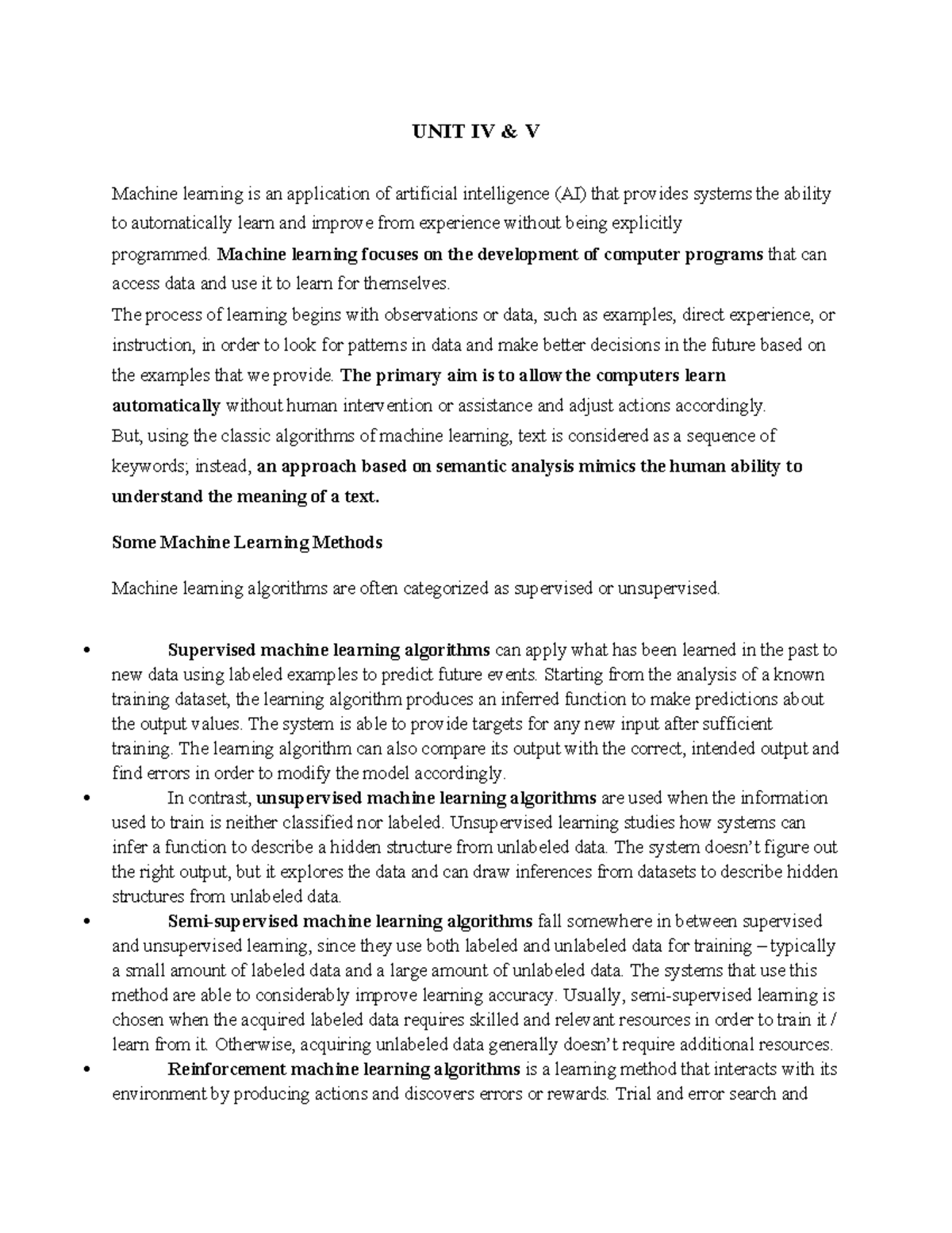 Machine learning IV& V - UNIT IV & V Machine learning is an application ...