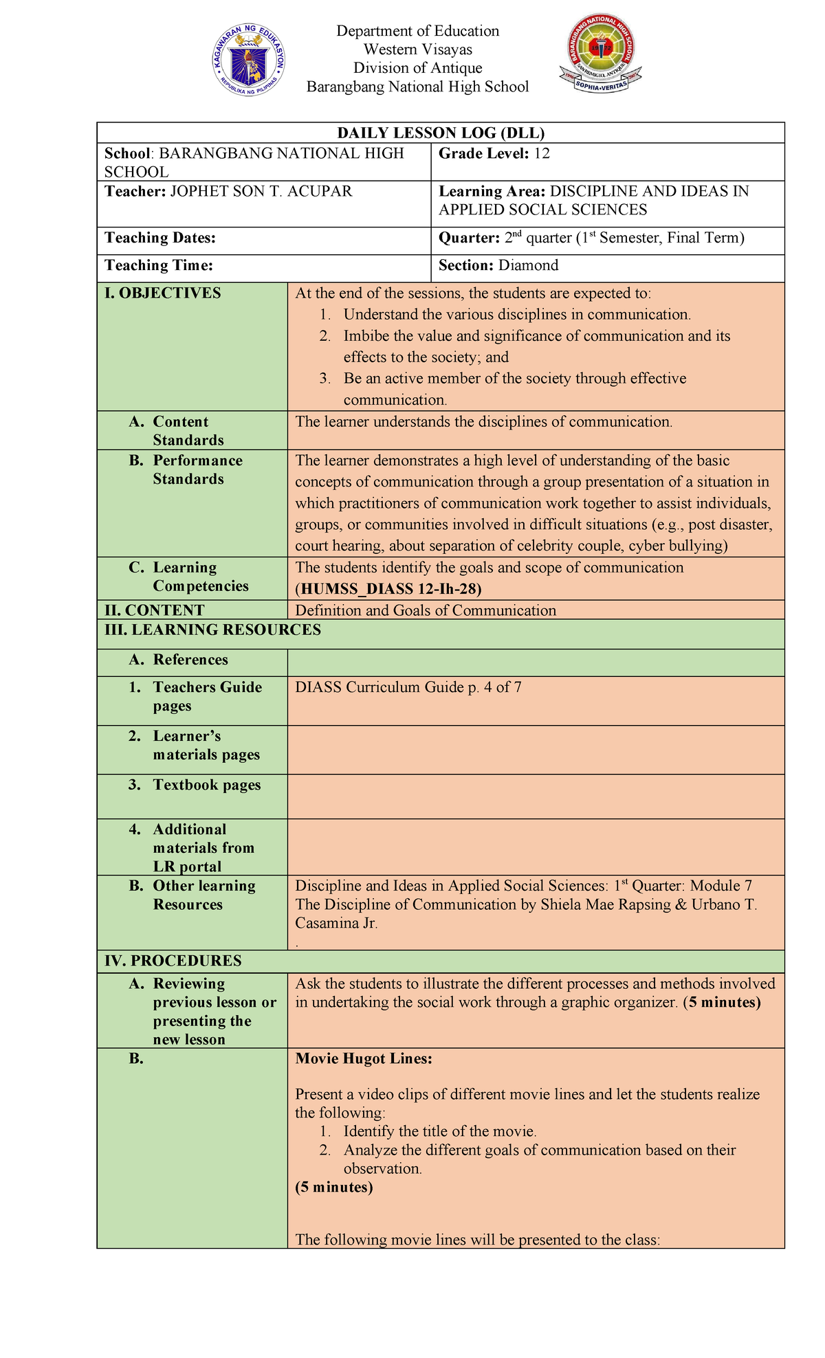 DLL in Grade 12 HUMSS - DIASS - Department of Education Western Visayas ...