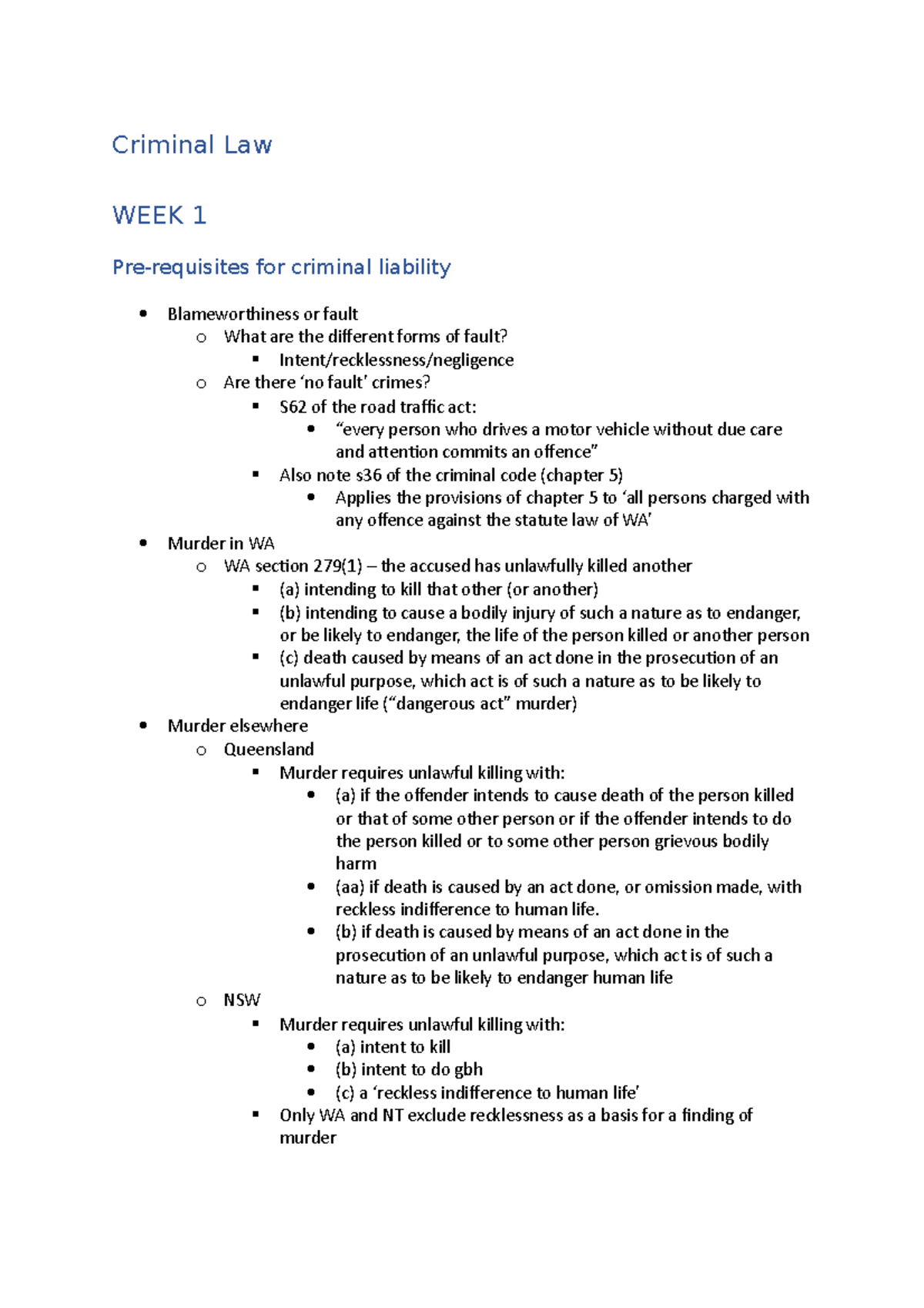 Criminal Law Notes - Criminal Law WEEK 1 Pre-requisites For Criminal ...