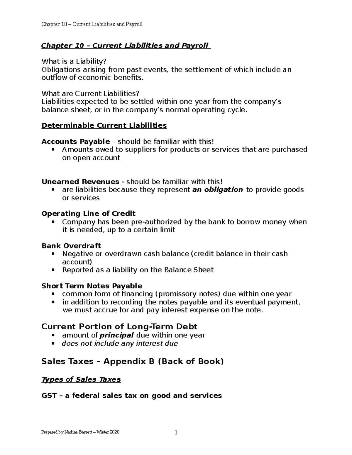Chapter 10 - Lecture notes 10 - Chapter 10 – Current Liabilities and ...