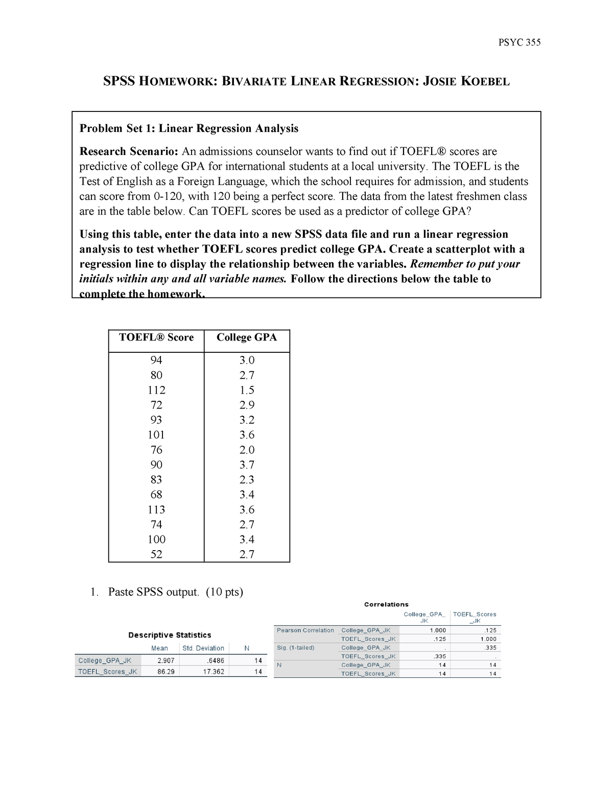 homework correlation and regression assignment instructions