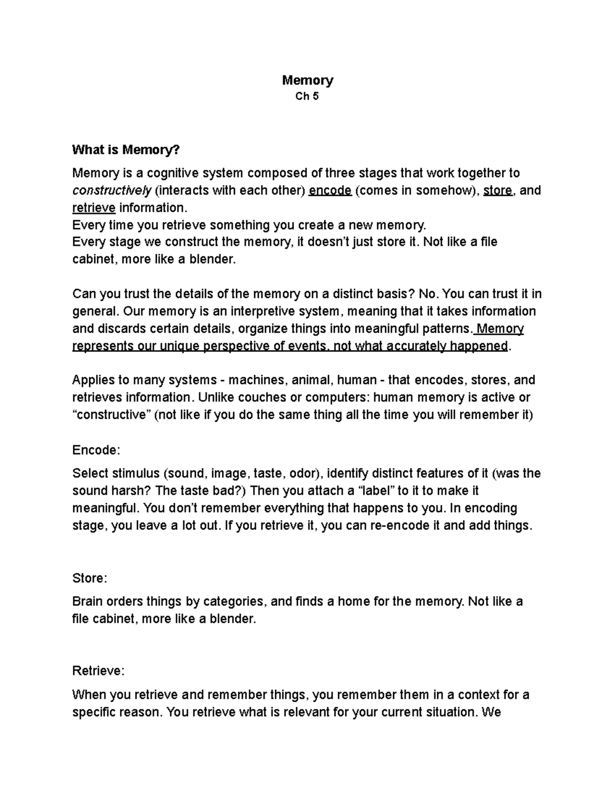 Memory Memory Ch 5 What is Memory? Memory is a cognitive system