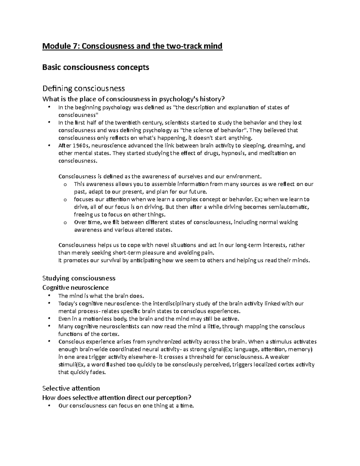 Module 7 - Psyc1010 - Module 7: Consciousness and the two-track mind ...