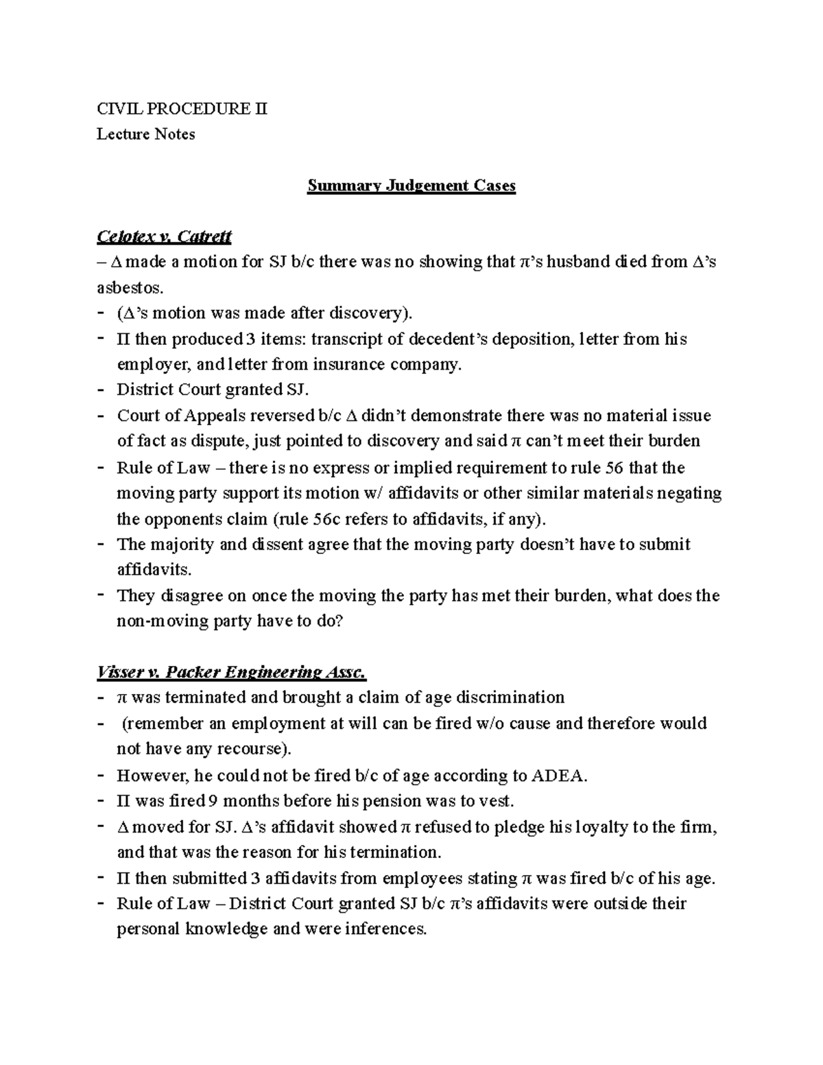 Summary Judgement Cases CIVIL PROCEDURE II Lecture Notes Summary