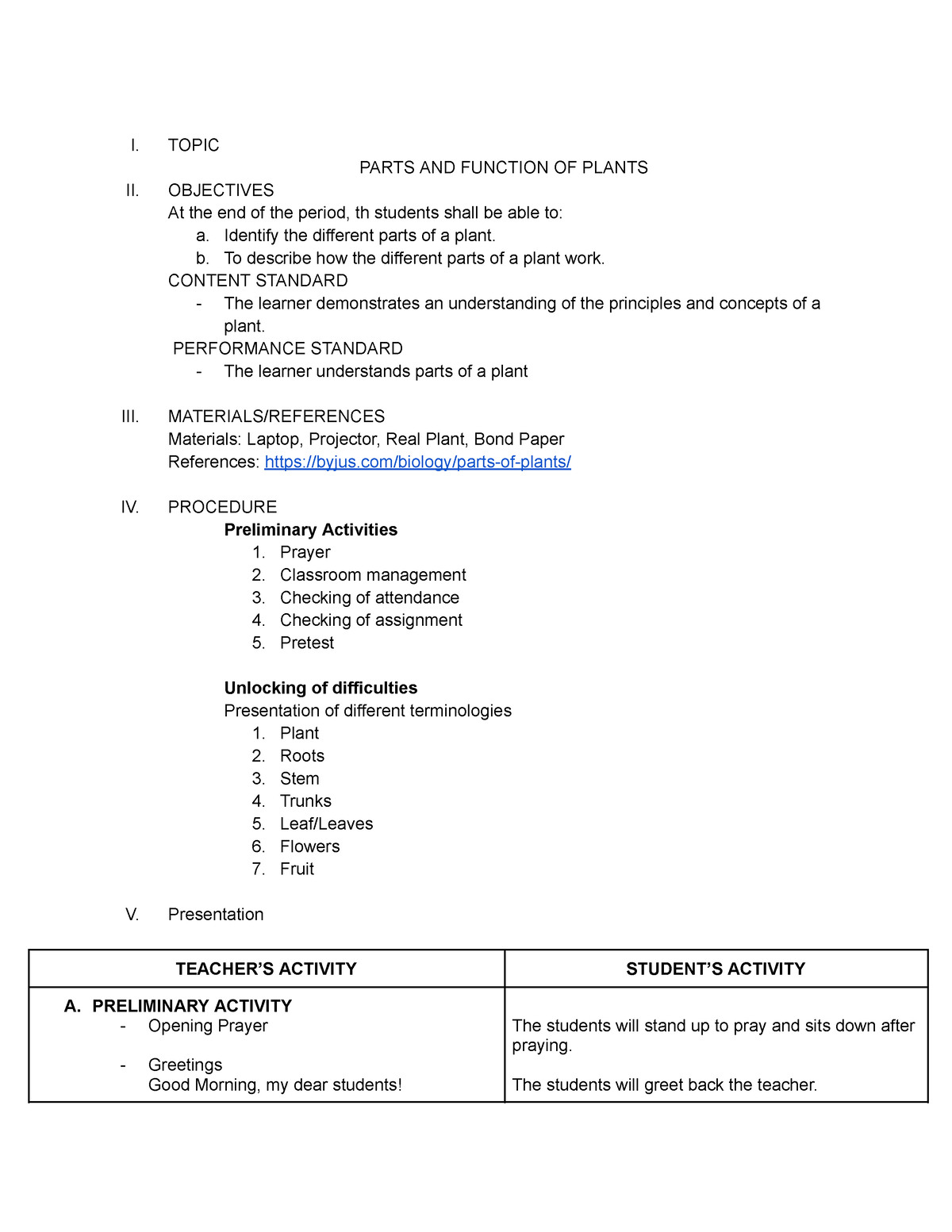 Lesson-Plan-Plant - grade 6 - I. TOPIC PARTS AND FUNCTION OF PLANTS II