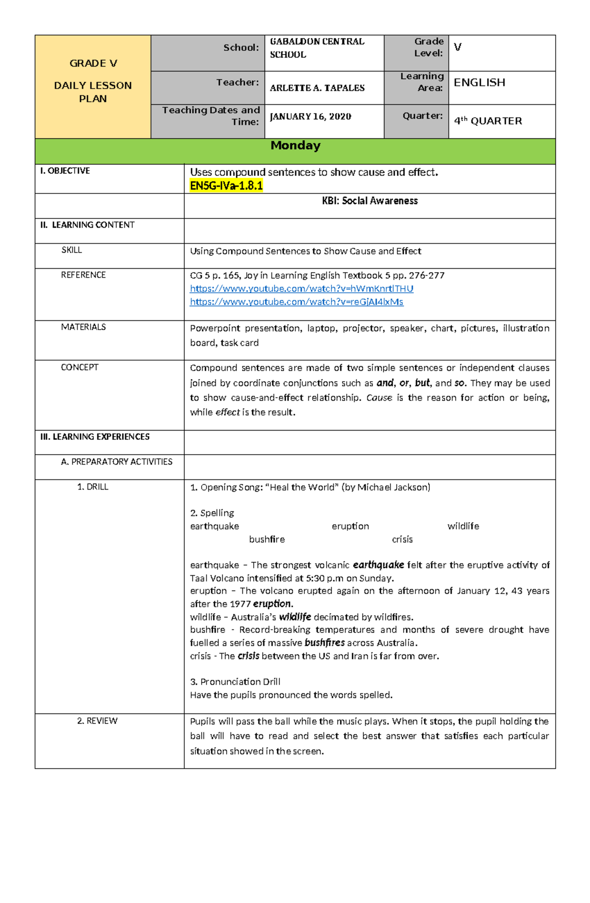 COT in English V - GRADE V DAILY LESSON PLAN School: GABALDON CENTRAL ...