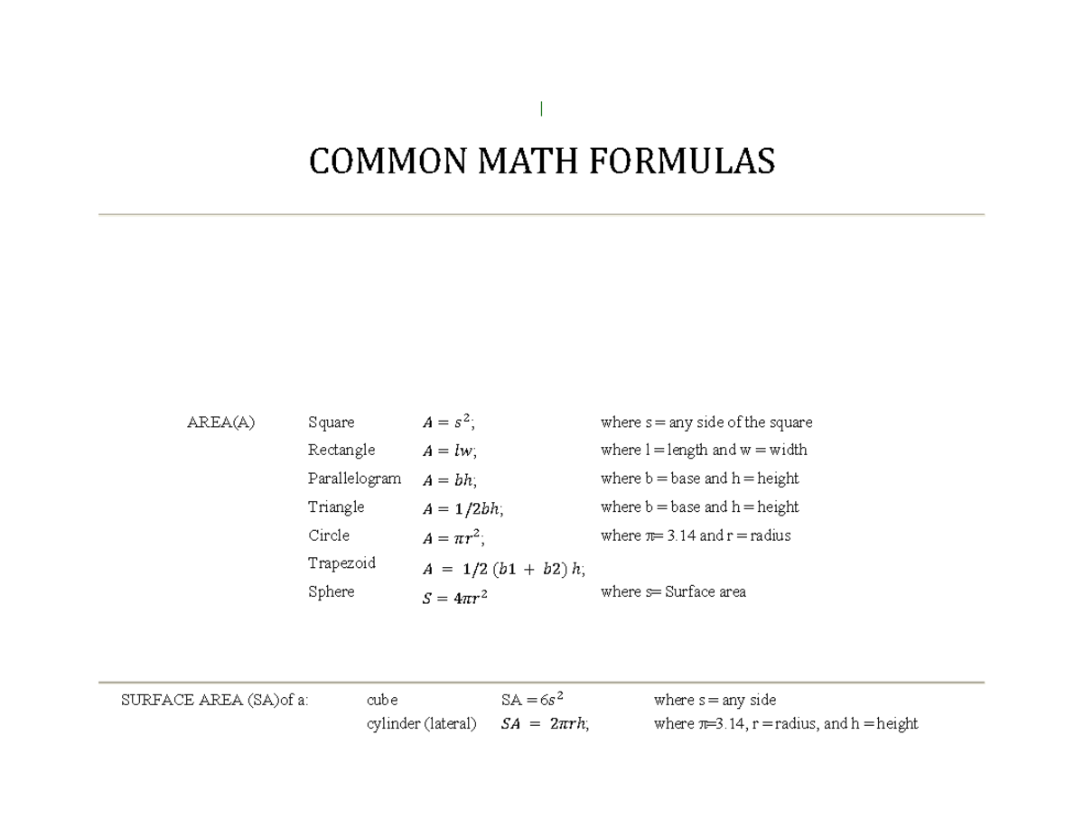 Common math formula - | COMMON MATH FORMULAS AREA(A) Square Rectangle ...