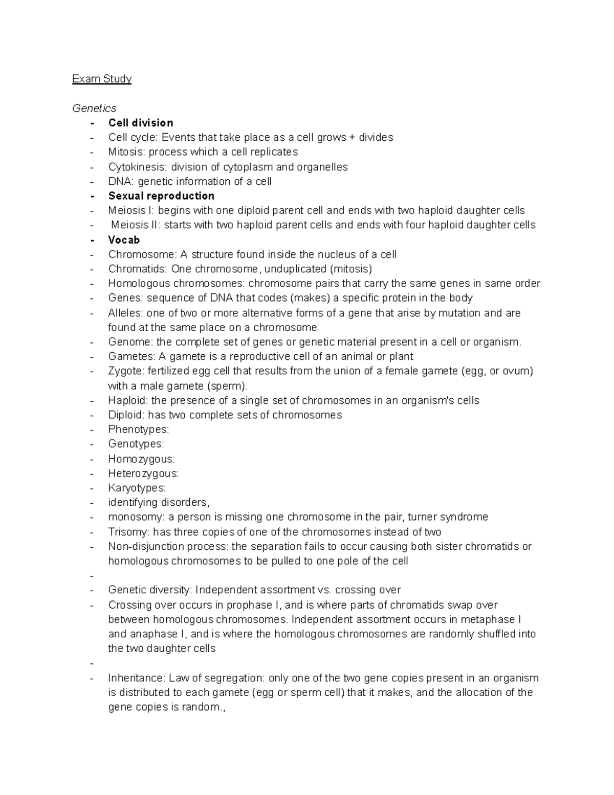 Untitled document - exam review - Exam Study Genetics - Cell division ...