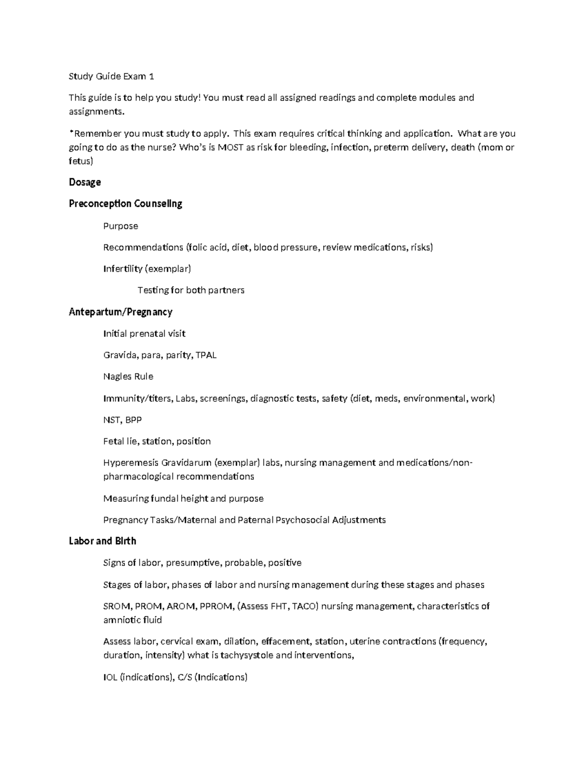 Study Guide Exam 1 - *Remember you must study to apply. This exam ...