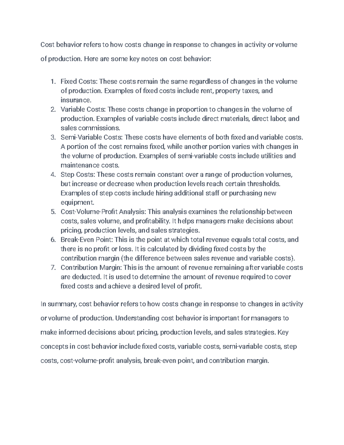 Cost behavior notes - Cost behavior refers to how costs change in ...