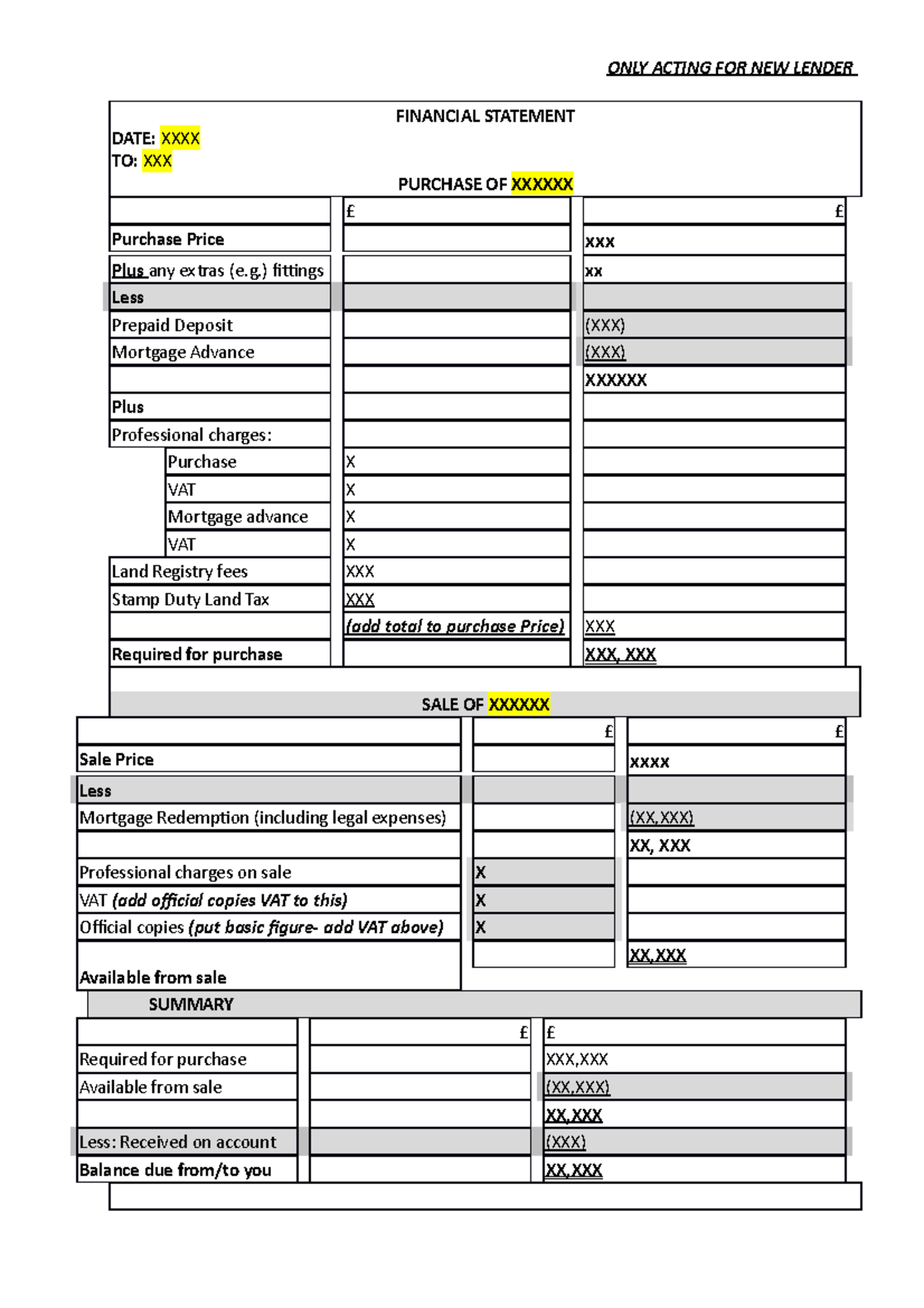 Financial Statement Template ONLY Acting FOR NEW Lender ONLY ACTING