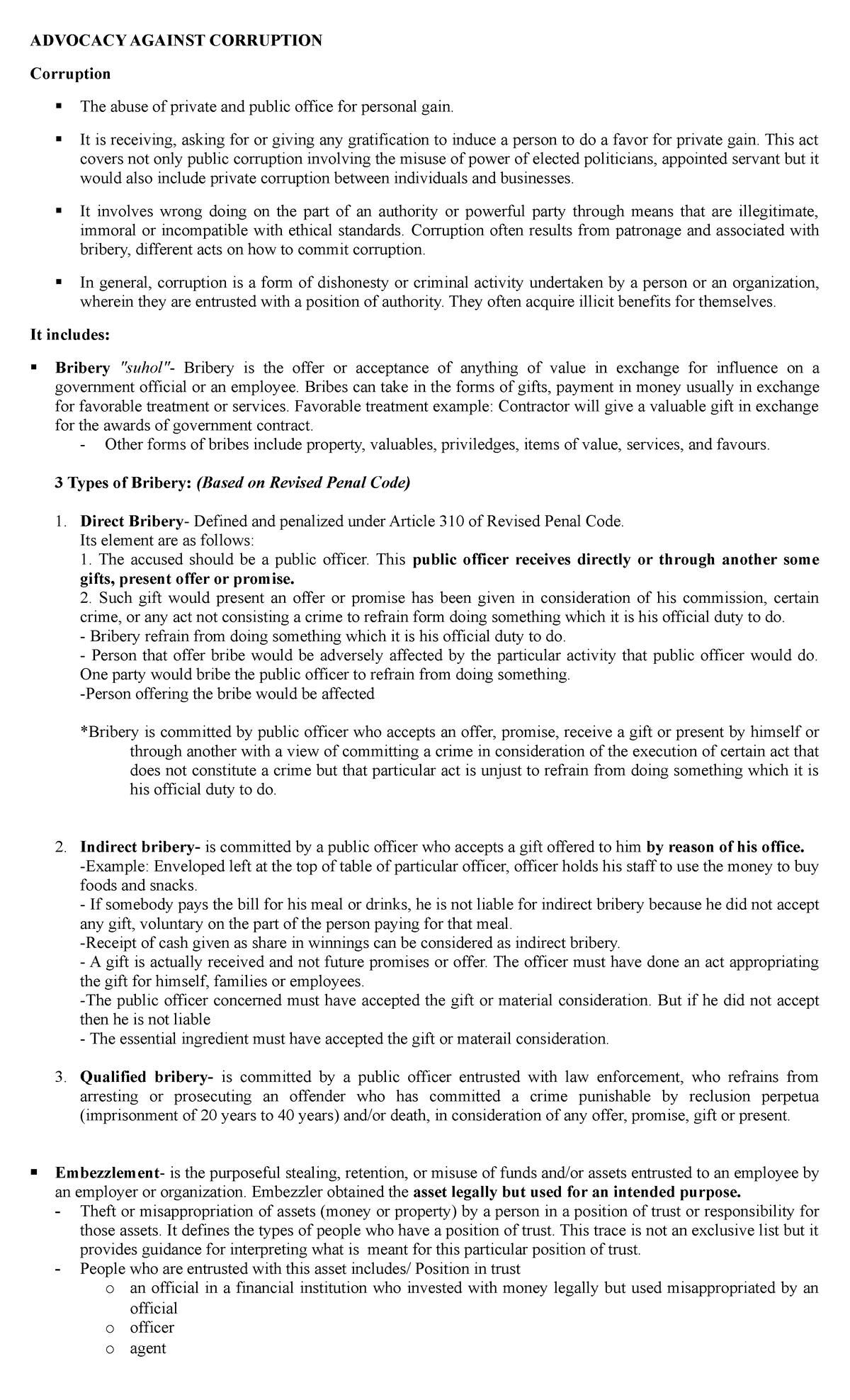 Governance- Final- Notes - ADVOCACY AGAINST CORRUPTION Corruption The ...