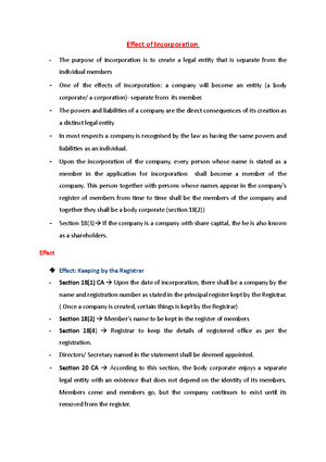 Topic 3 I Effect Of Incorporation Company Law I Mmu Studocu