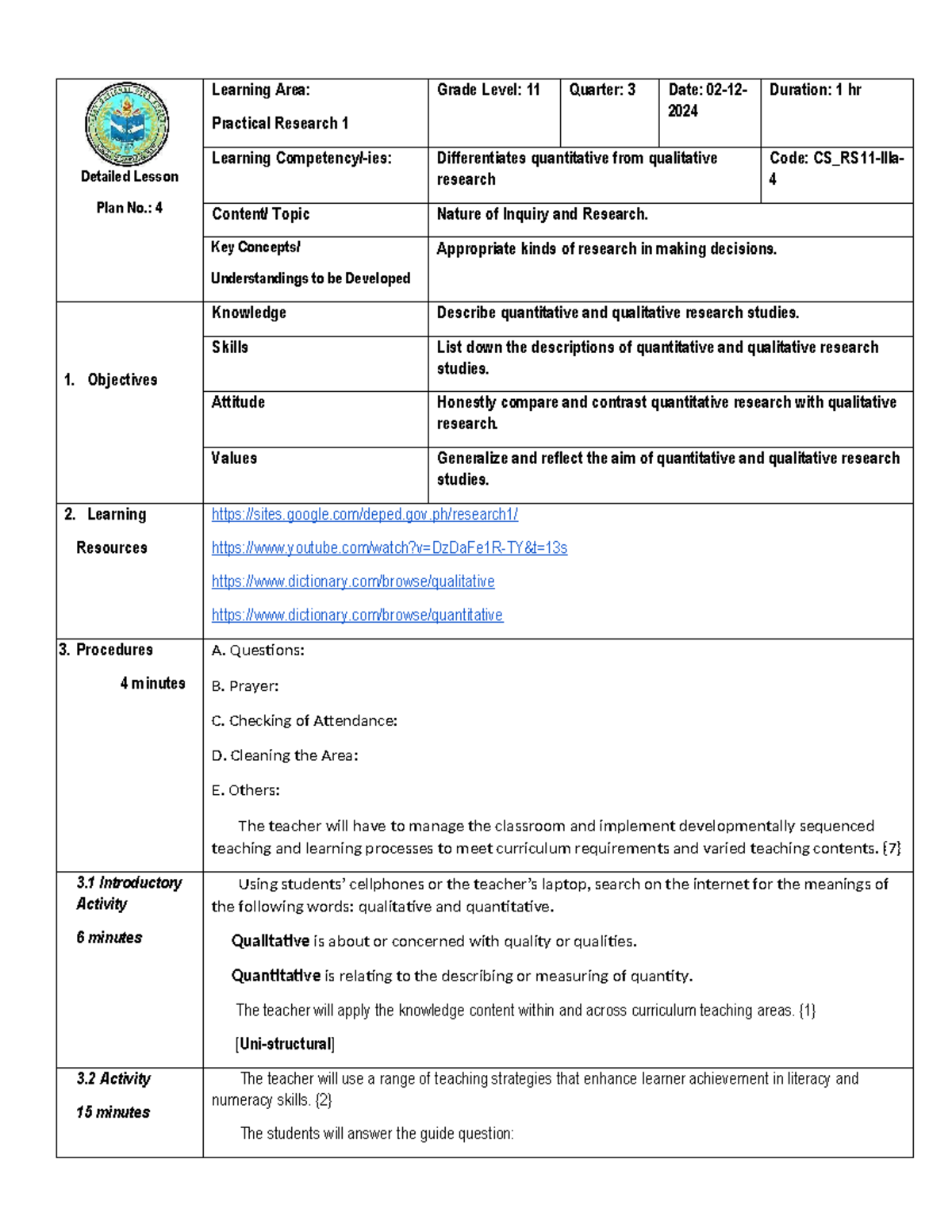 Practical Research 1 Day 4 - Detailed Lesson Plan No.: 4 Learning Area ...