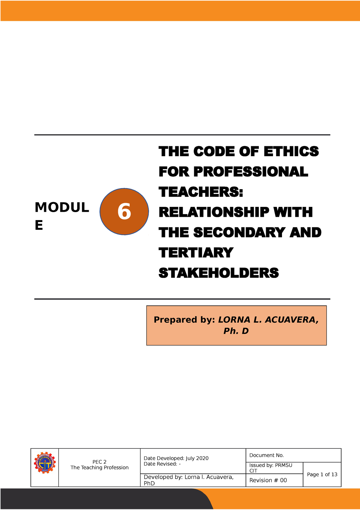 Module 6 The Code Of Ethics For Professional Teachers Relationship With The Secondary And Tertiary Studocu