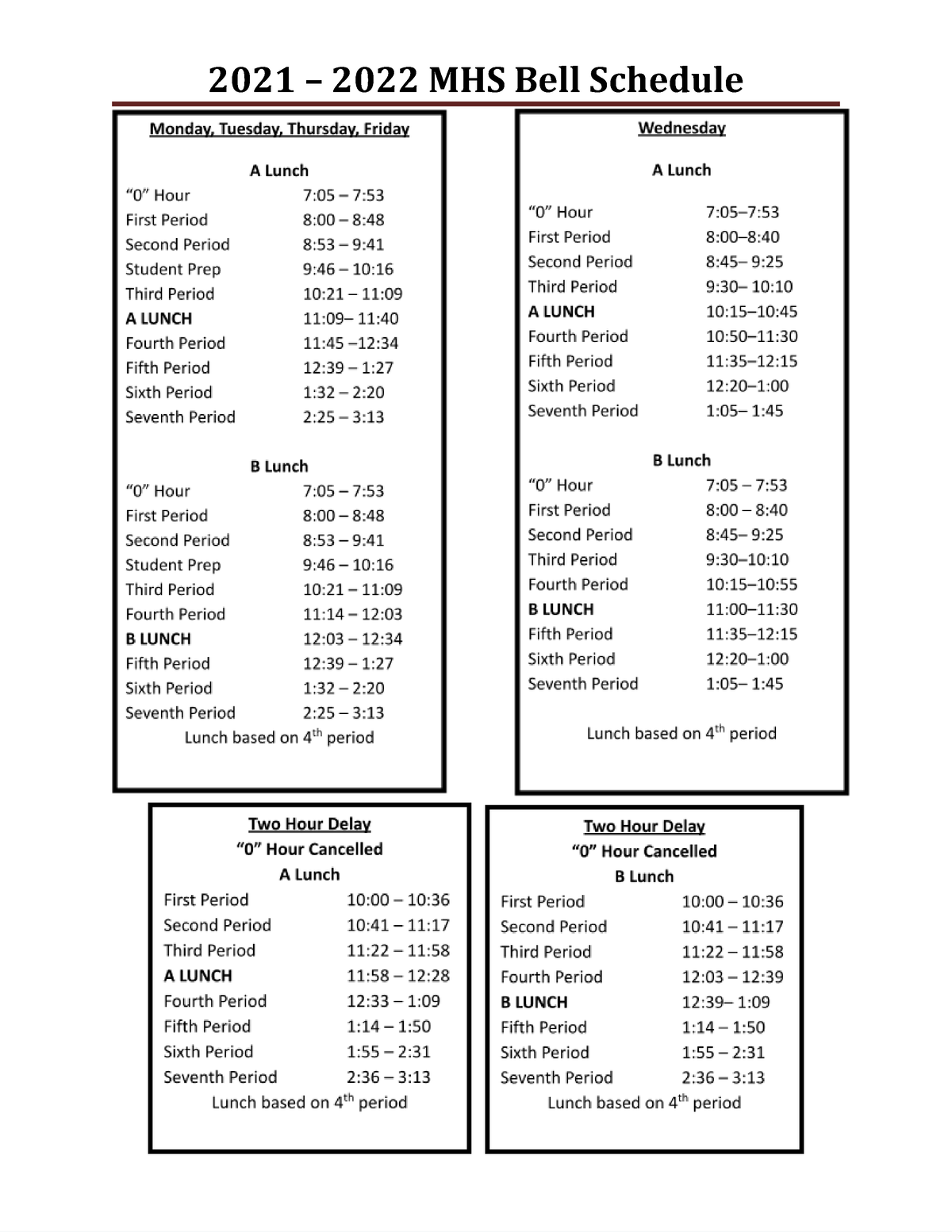 2122 Corrected MHS bell schedule 210382 2021 2022 MHS Bell