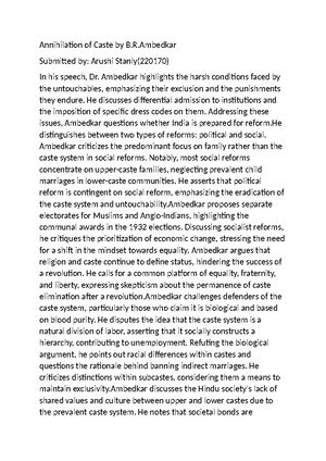Ambedkar Assignment - Annihilation of Caste by Dr Ambedkar and his ...