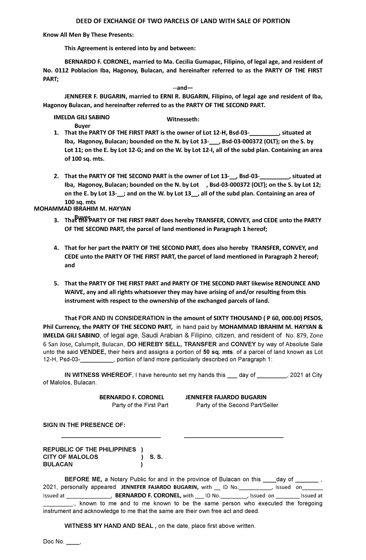 DEED OF Exchange OF TWO Parcels OF LAND WITH SALE OF Portion - DEED OF ...