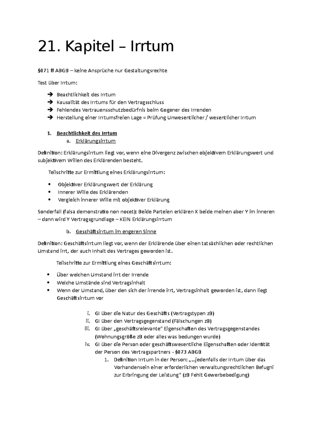 Anfechtung Wegen Irrtum Beispiele 21. Kapitel - Anfechtung I - Irrtum - 21. Kapitel – Irrtum §871 ff ABGB