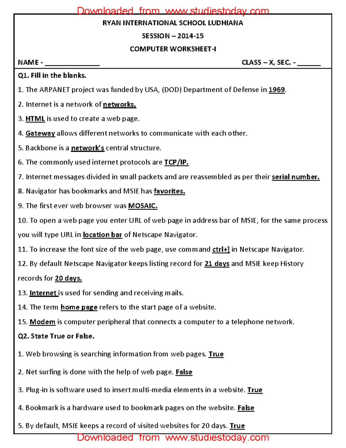 CBSE Class 10 Computer Science Worksheet Set B - RYAN INTERNATIONAL ...