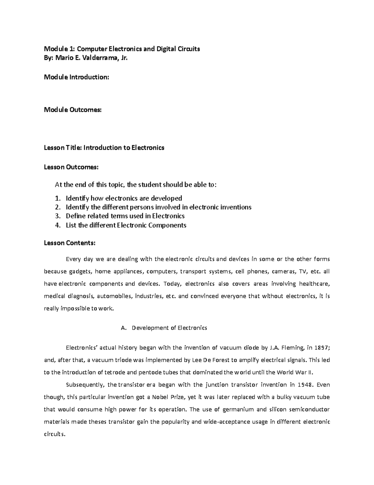 Lesson 1 Intro to Electronics - Module 1: Computer Electronics and ...