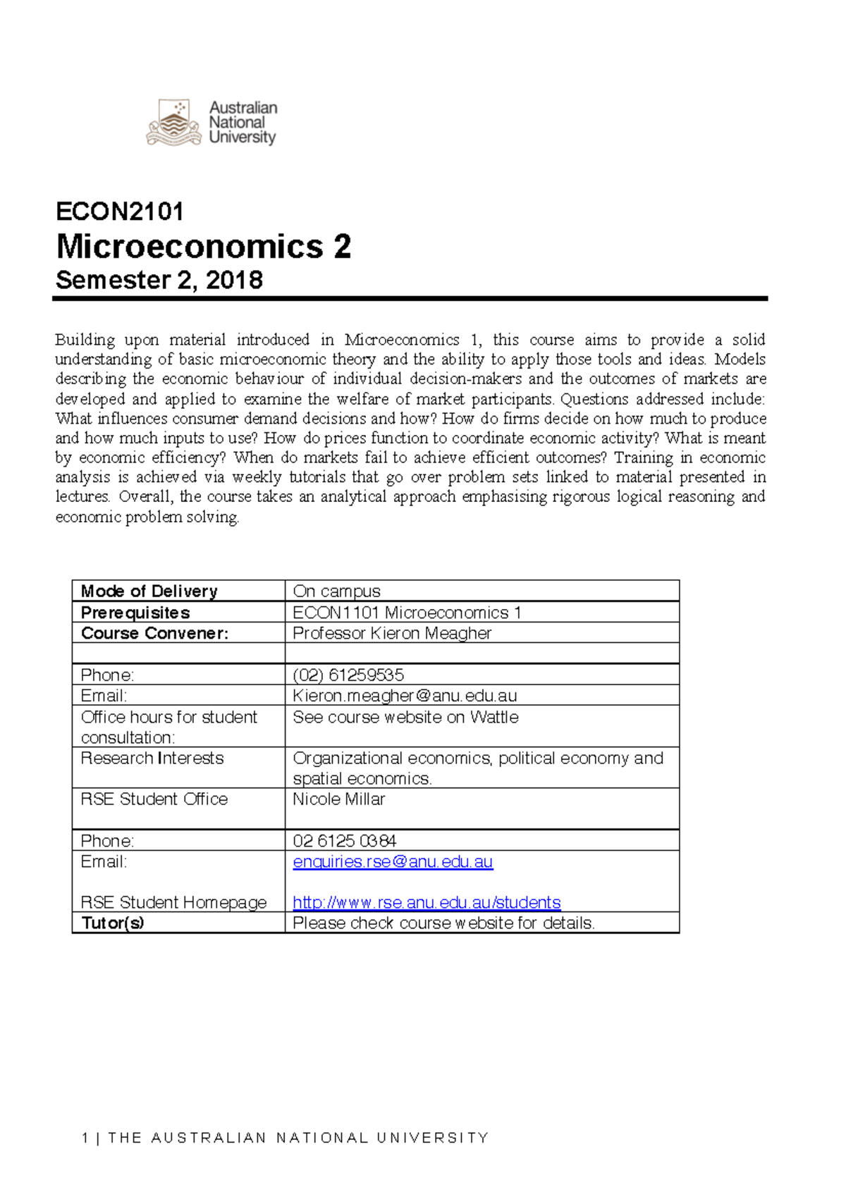 Course Outline Econ2101 Econ Microeconomics 2 Semester 2 2018