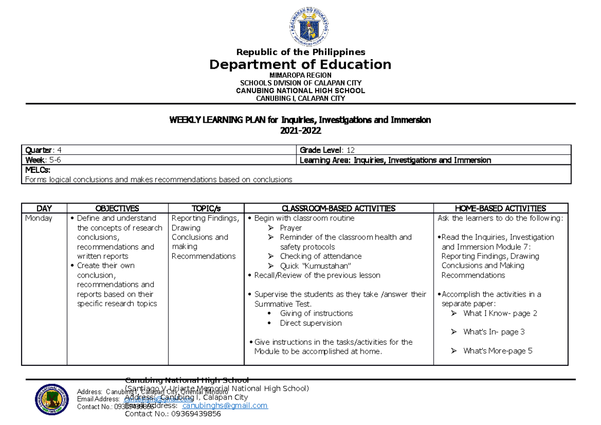 Weekly Learning Plan Republic Of The Philippines Department Of Education Mimaropa Region 6184