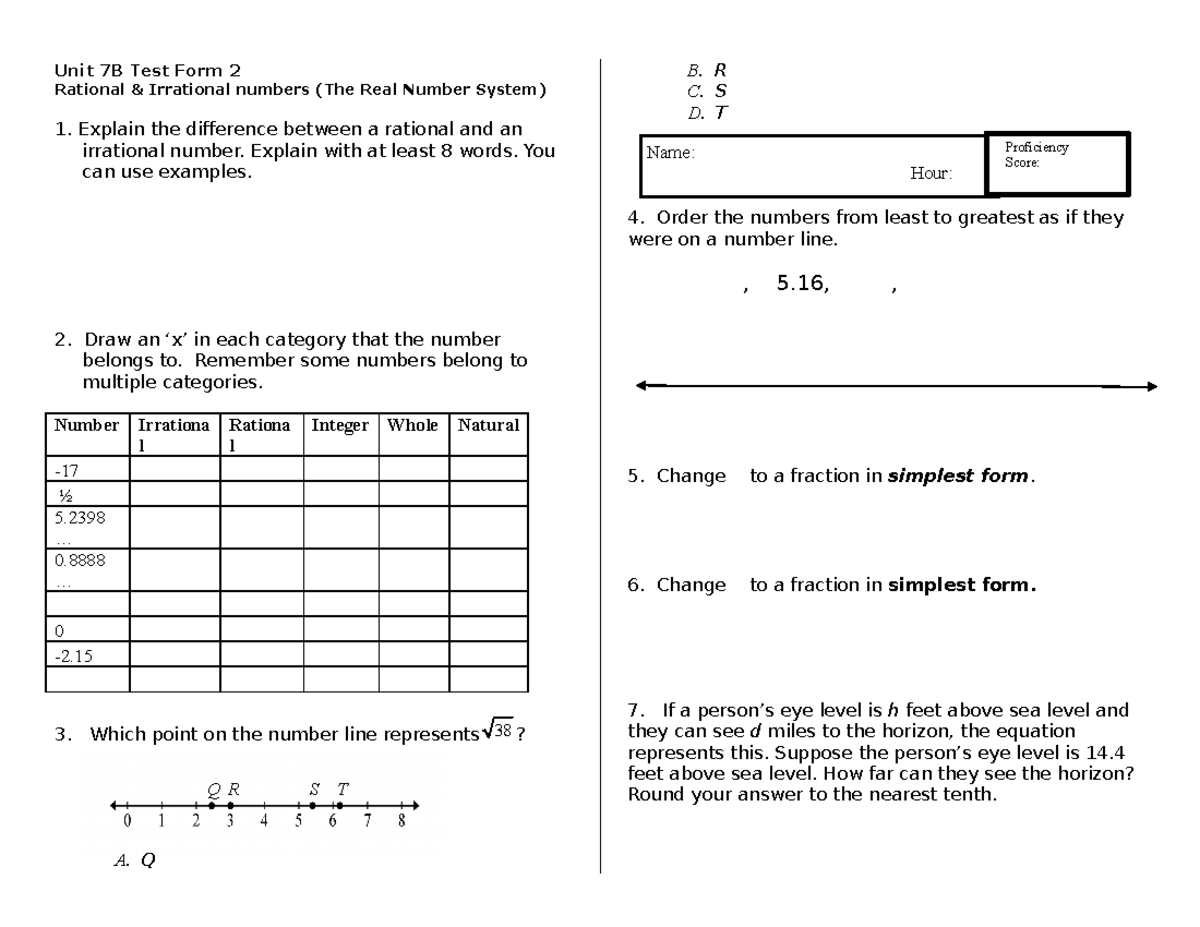 Unit 7A Real Number System Test Form2 - Unit 7B Test Form 2 Rational ...