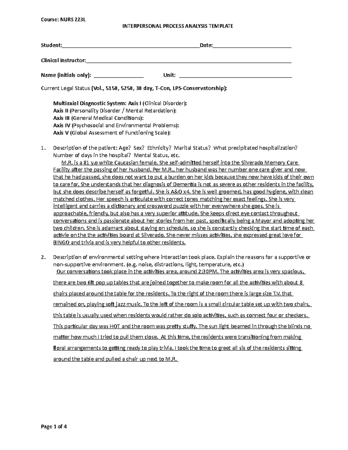 NURS 223L - Interpersonal Process Analysis Template - INTERPERSONAL ...