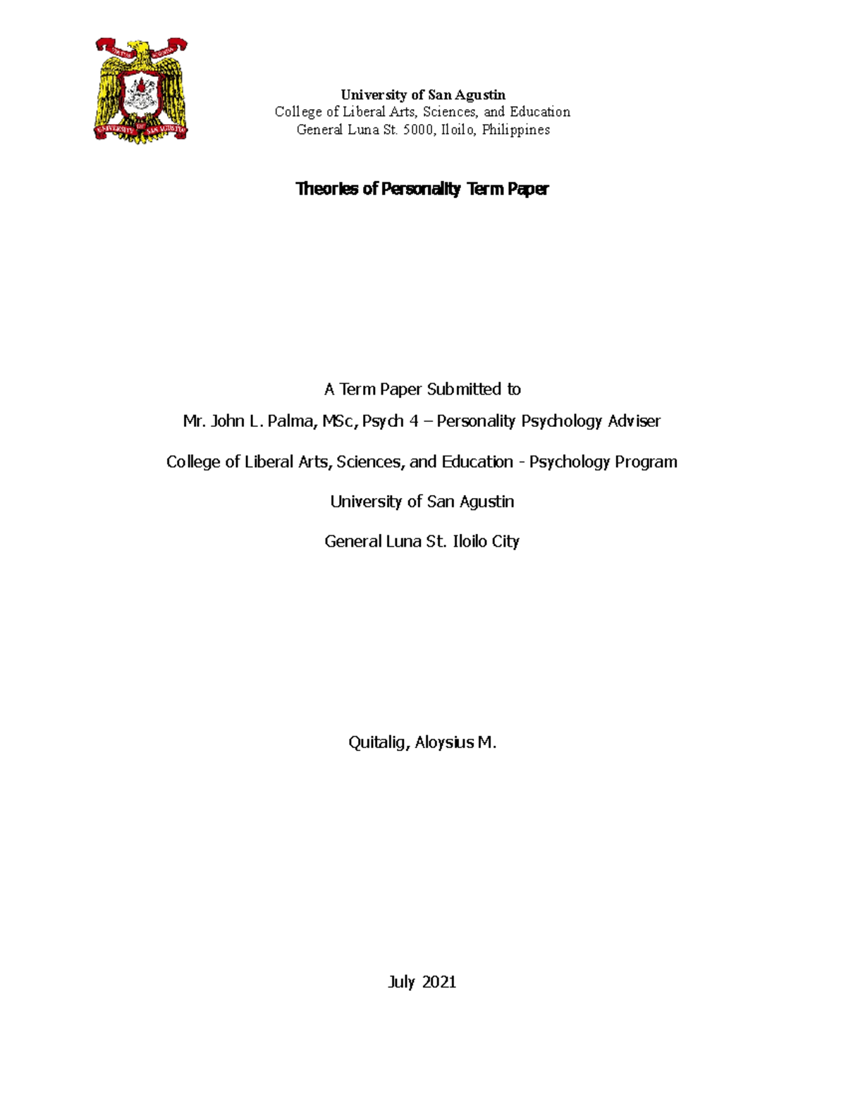 Term Paper for Theories of Personality - University of San Agustin ...