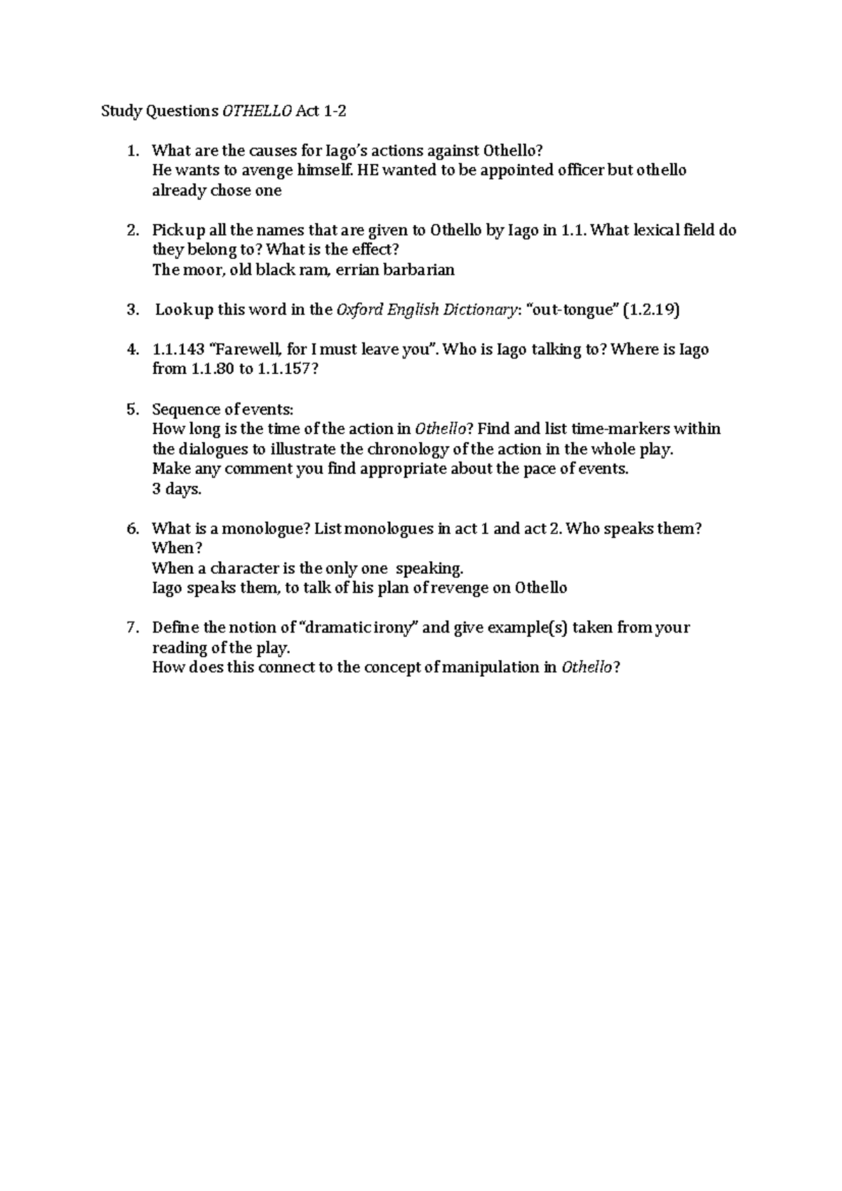 1 Study Questions Othell 0 - Study Questions OTHELLO Act 1- What are ...