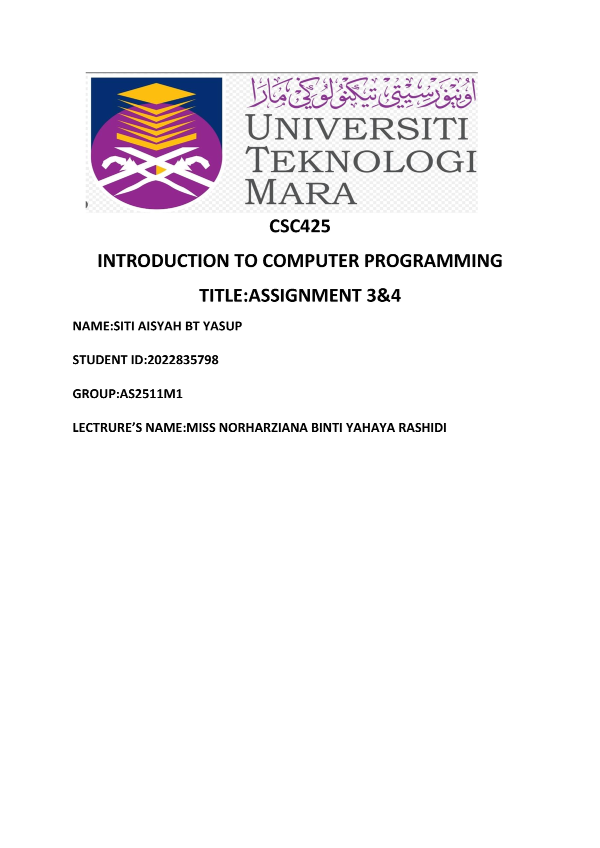 AS2511M1 SITI Aisyah BT Yasup - CSC INTRODUCTION TO COMPUTER ...