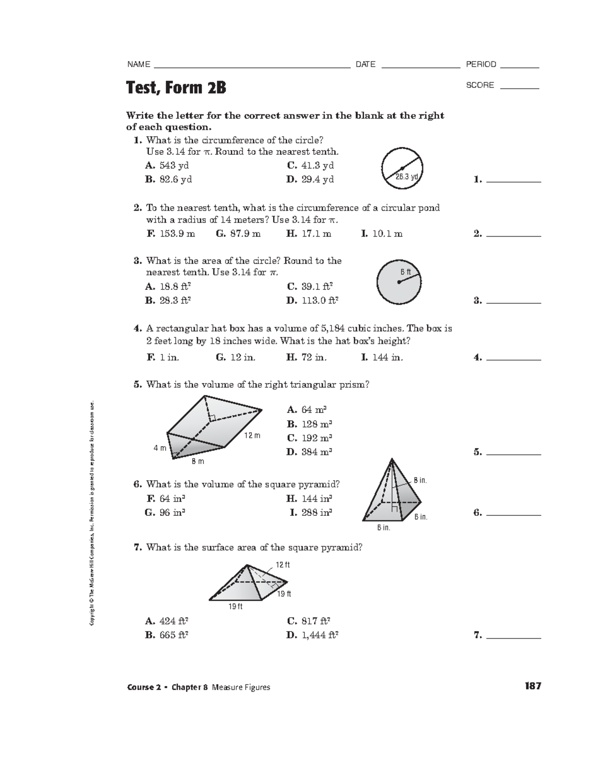 Chapter 8 test form 2b - cheat sheet - Course 2 • Chapter 8 Measure ...