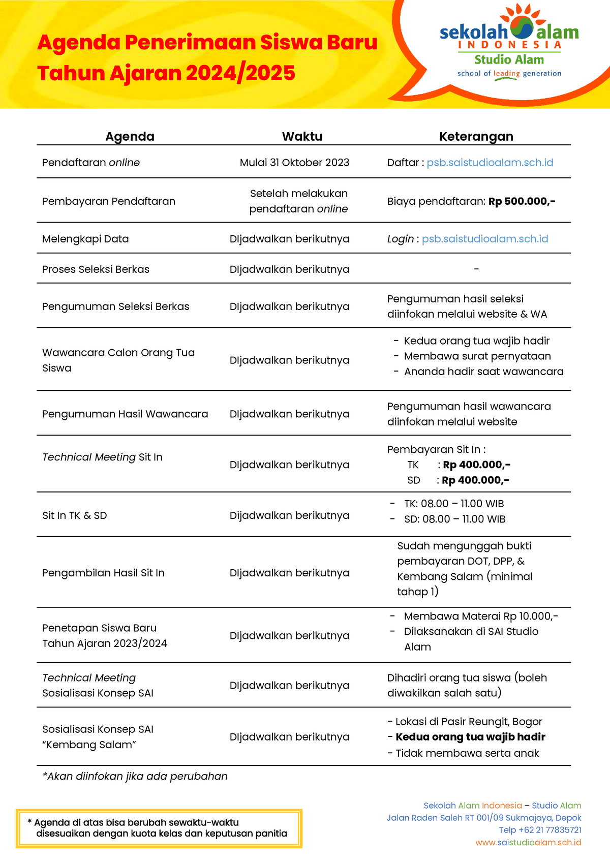 Agenda PSB 20242025 SAI Studio Alam Agenda Penerimaan Siswa Baru