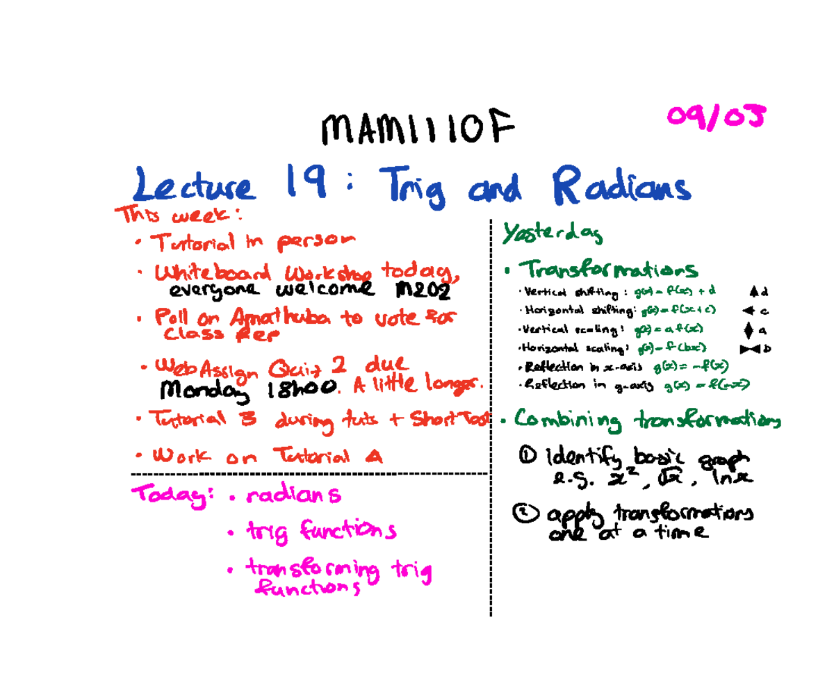 Lecture 19 Radians and Trig 09 03 MAMI Il OF Lecture 19 Trig and