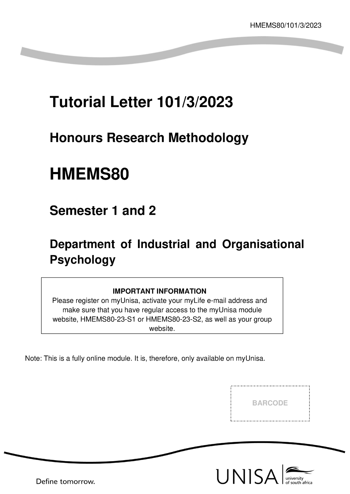 101 2023 3 B - Tutorial Letter 101/3/ Honours Research Methodology ...